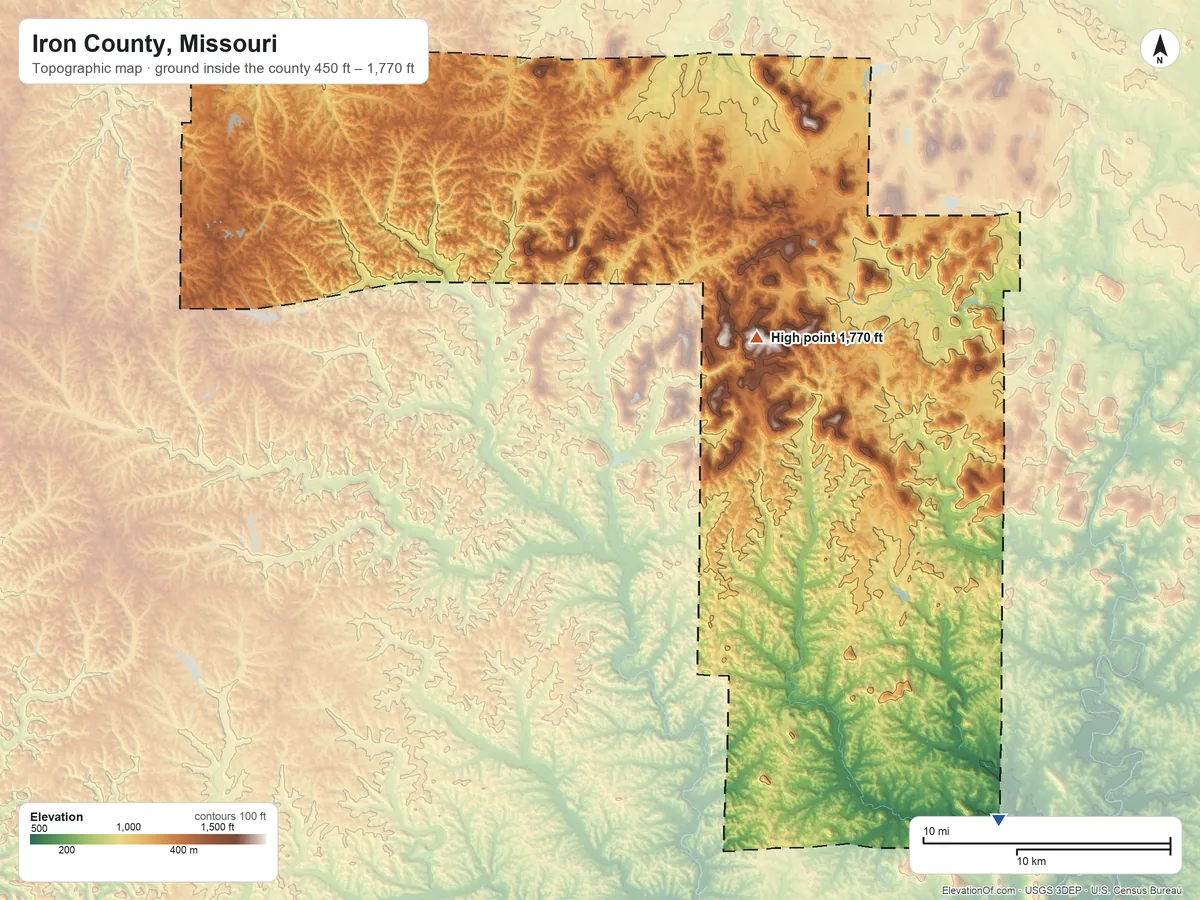 Topographic elevation map of Iron County, Missouri, shaded from 450 ft on the southeast side to 1,770 ft on Taum Sauk Mountain