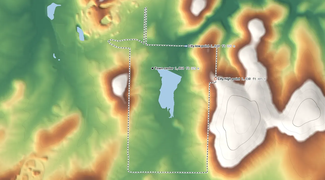 Topographic elevation map of Iron Mountain Lake, Missouri, shaded from 1,040 ft on the northeast side to 1,330 ft on the east side