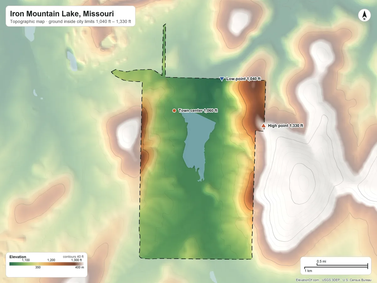 Topographic elevation map of Iron Mountain Lake, Missouri, shaded from 1,040 ft on the northeast side to 1,330 ft on the east side