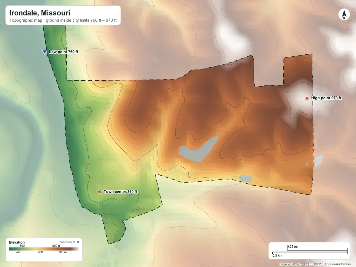 Topographic elevation map of Irondale, Missouri, shaded from 760 ft on the north side to 970 ft on the northeast side