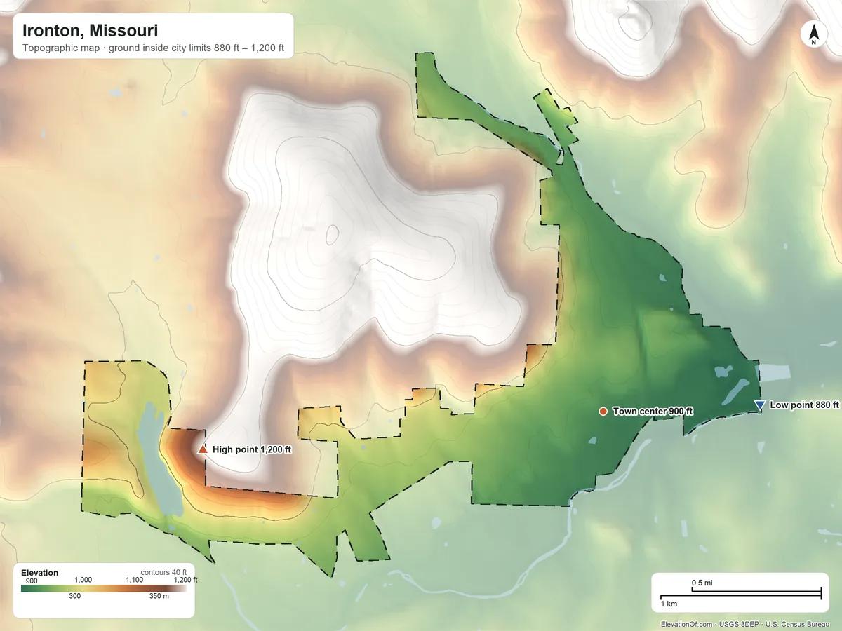Topographic elevation map of Ironton, Missouri, shaded from 880 ft on the east side to 1,200 ft at the foot of the Saint Francois Mountains