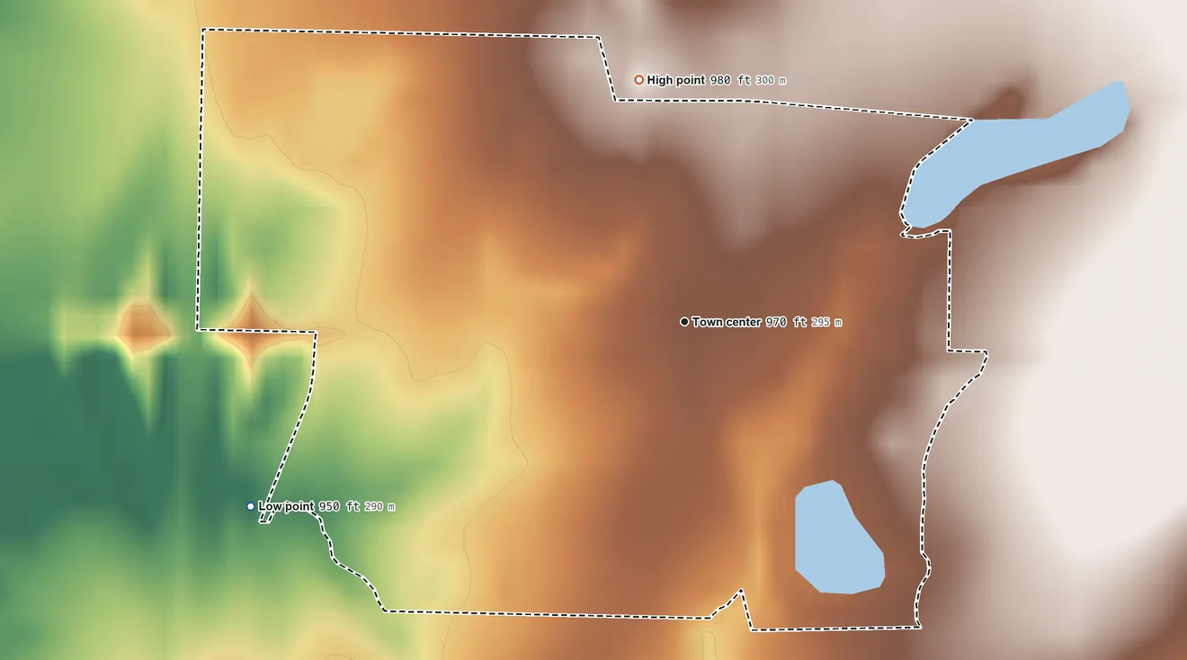 Topographic elevation map of Irwin, Missouri, shaded from 950 ft on the southwest side to 980 ft on the north side