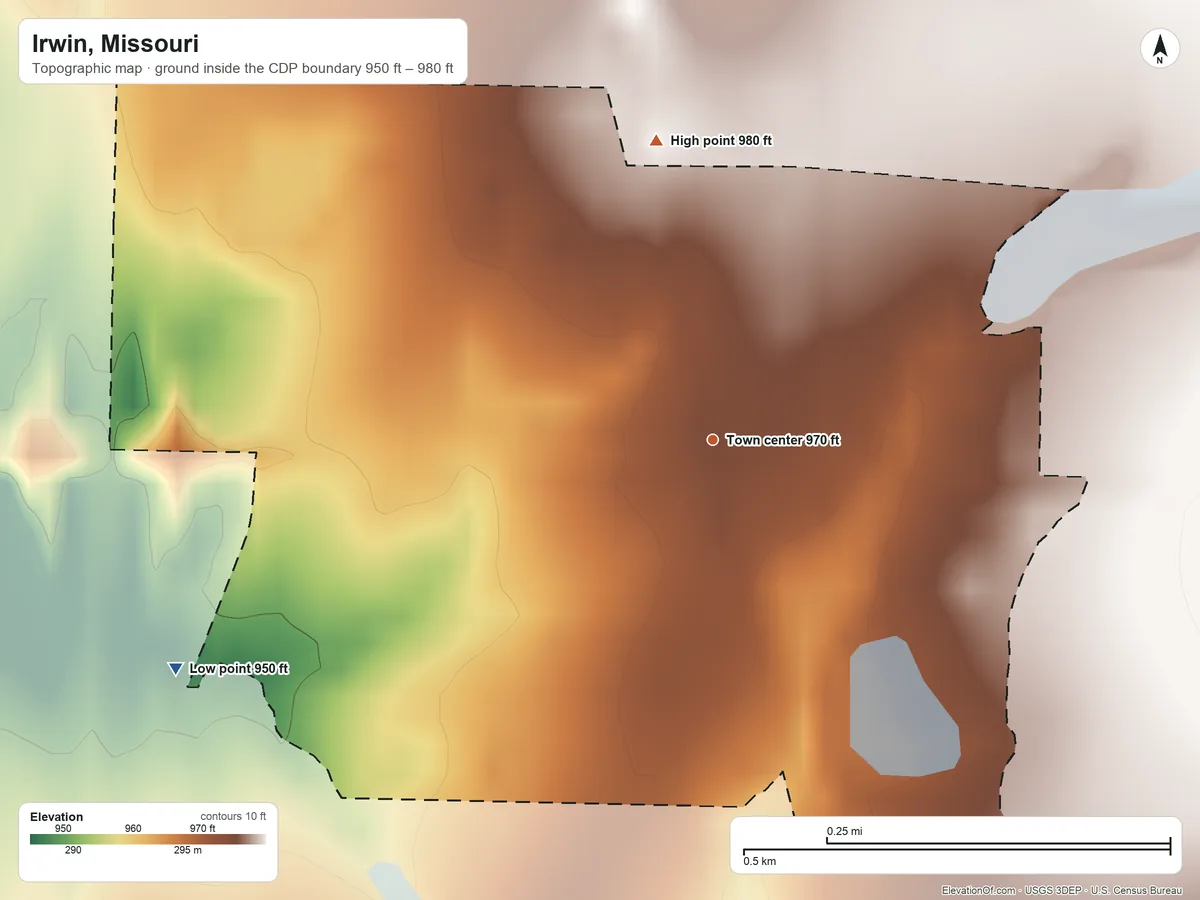 Topographic elevation map of Irwin, Missouri, shaded from 950 ft on the southwest side to 980 ft on the north side