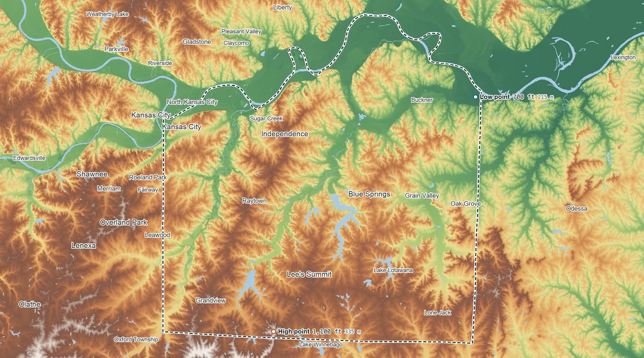 Topographic elevation map of Jackson County, Missouri, shaded from 700 ft on the northeast side to 1,100 ft on the south side