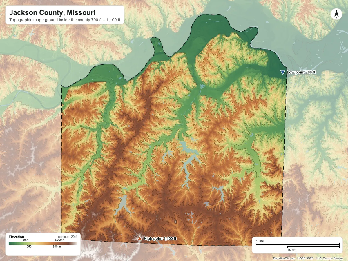Topographic elevation map of Jackson County, Missouri, shaded from 700 ft on the northeast side to 1,100 ft on the south side