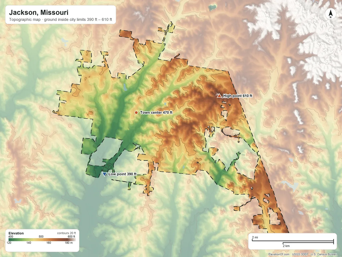 Topographic elevation map of Jackson, Missouri, shaded from 390 ft on the southwest side to 610 ft on the east side