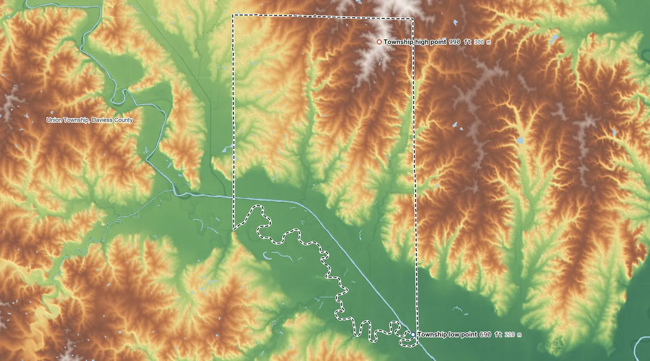 Topographic elevation map of Jackson Township, Daviess County, Missouri, shaded from 690 ft on the south side to 990 ft on the north side