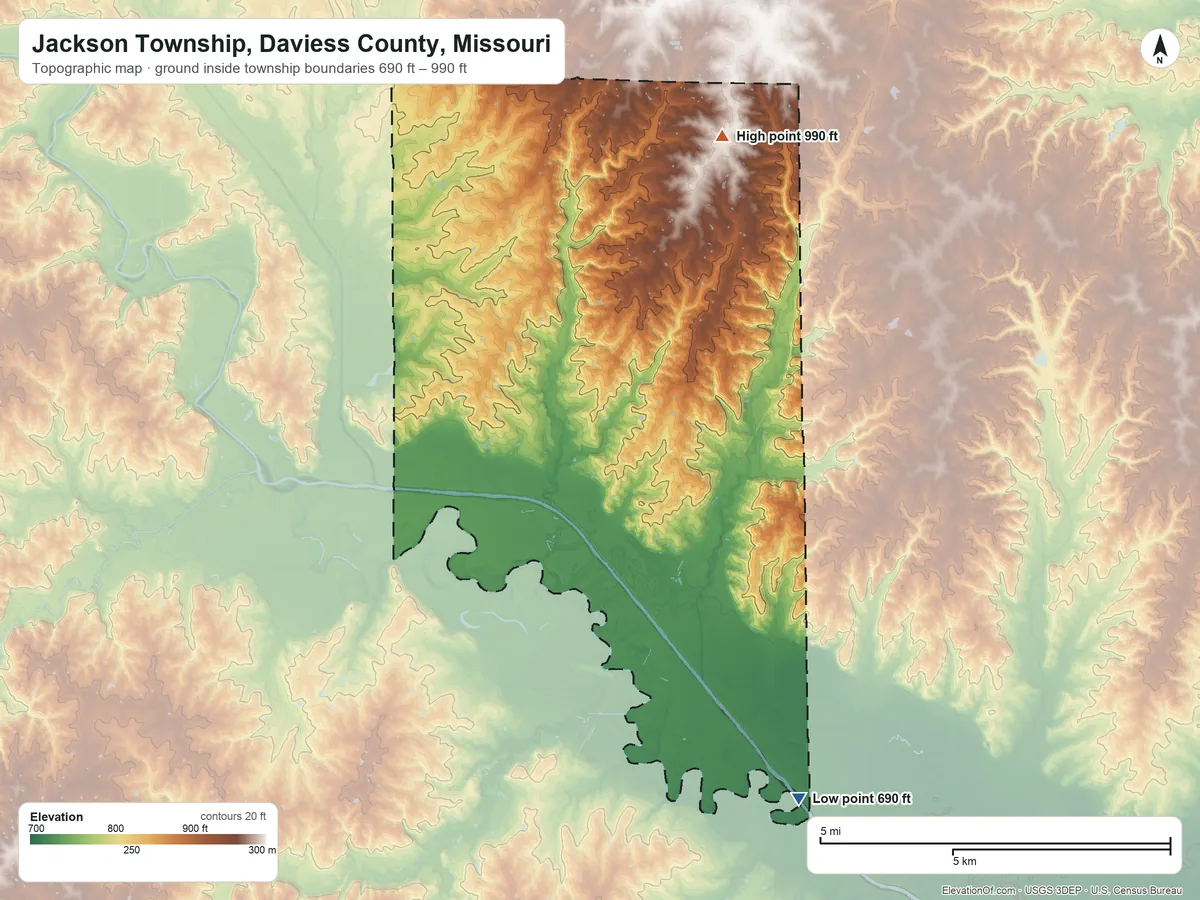 Topographic elevation map of Jackson Township, Daviess County, Missouri, shaded from 690 ft on the south side to 990 ft on the north side