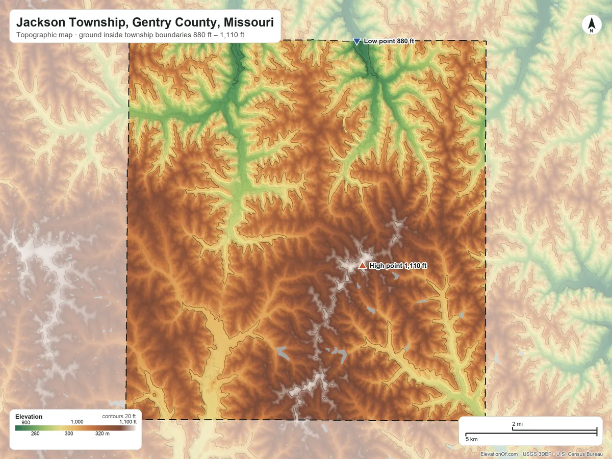 Topographic elevation map of Jackson Township, Gentry County, Missouri, shaded from 880 ft on the north side to 1,110 ft on the northeast side
