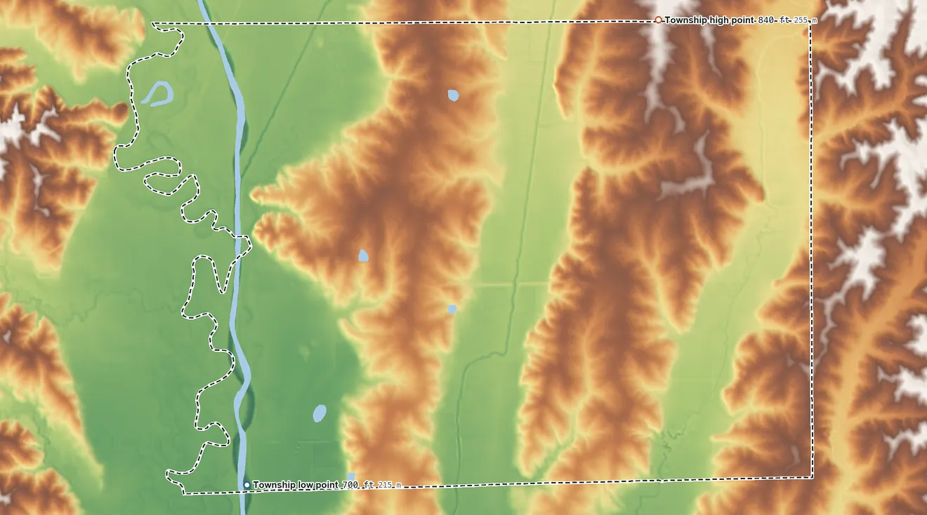 Topographic elevation map of Jackson Township, Grundy County, Missouri, shaded from 700 ft on the southwest side to 840 ft on the north side