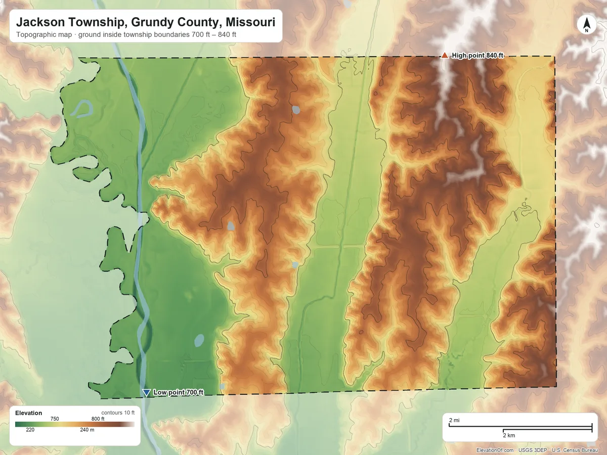 Topographic elevation map of Jackson Township, Grundy County, Missouri, shaded from 700 ft on the southwest side to 840 ft on the north side