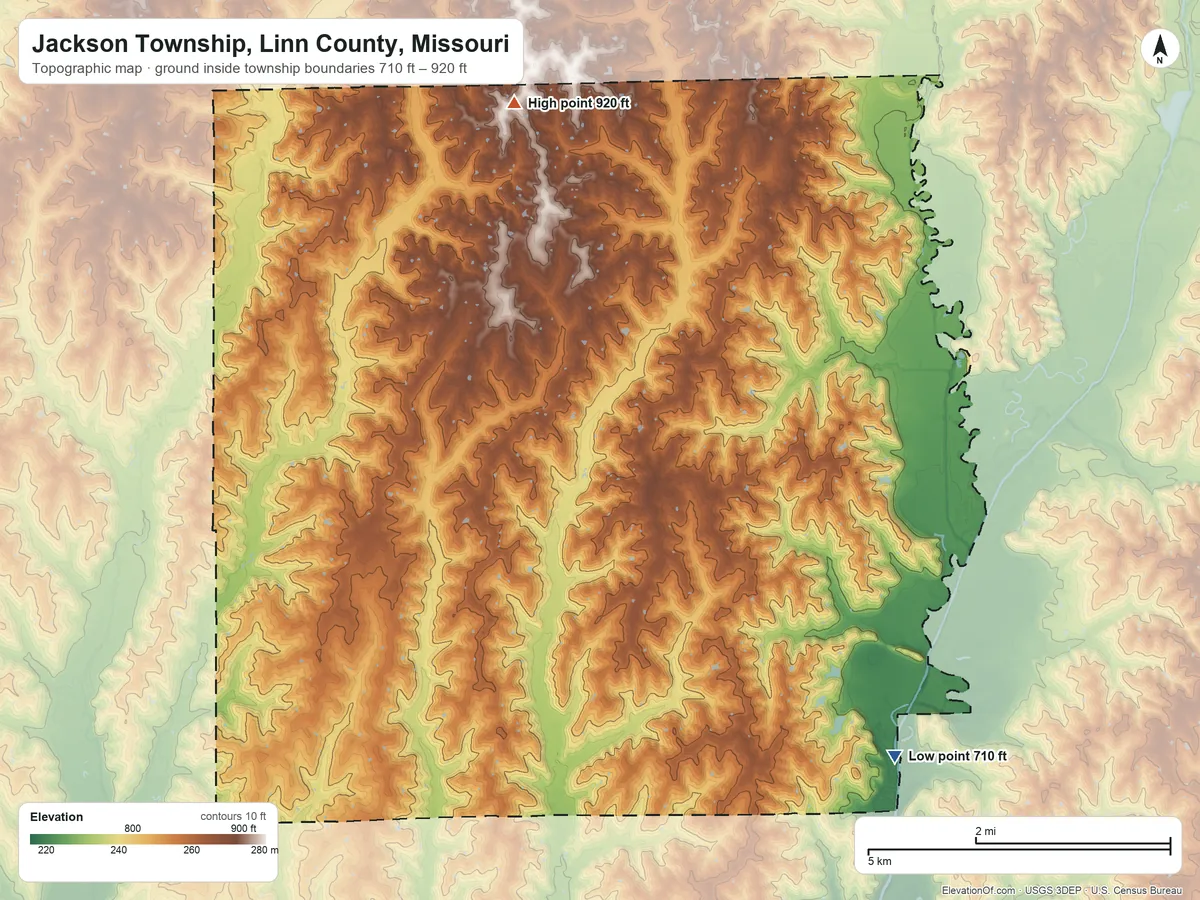 Topographic elevation map of Jackson Township, Linn County, Missouri, shaded from 710 ft on the southeast side to 920 ft on the north side