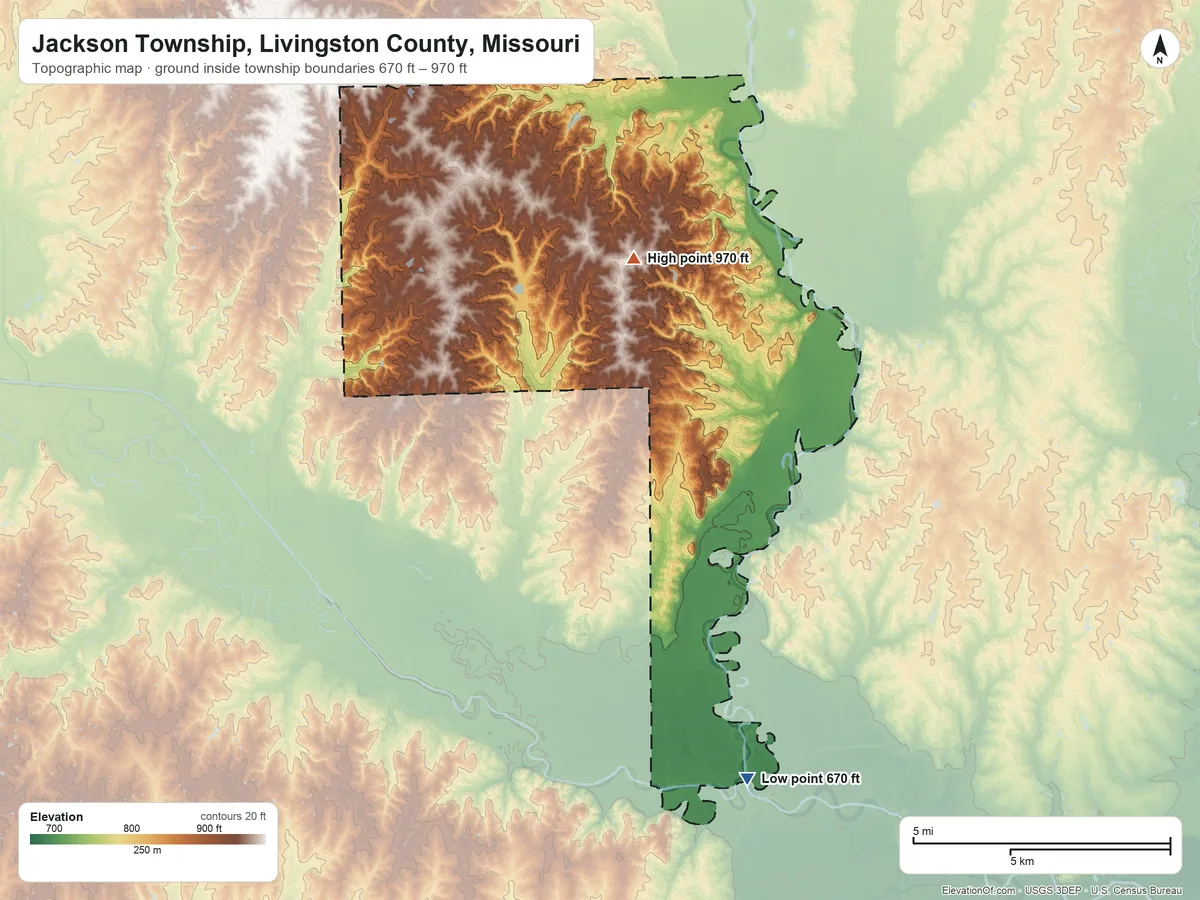 Topographic elevation map of Jackson Township, Livingston County, Missouri, shaded from 670 ft on the south side to 970 ft near the middle