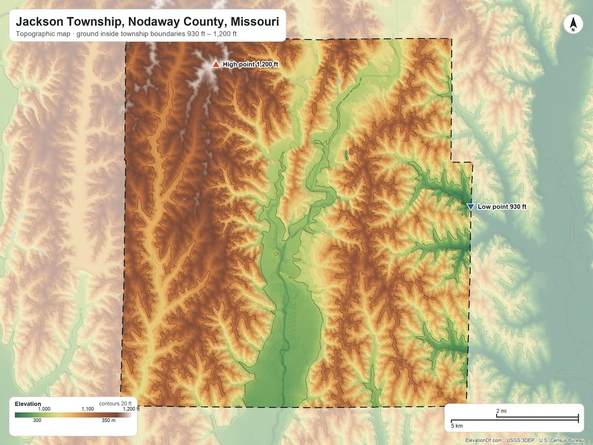 Topographic elevation map of Jackson Township, Nodaway County, Missouri, shaded from 930 ft on the east side to 1,200 ft on the northwest side