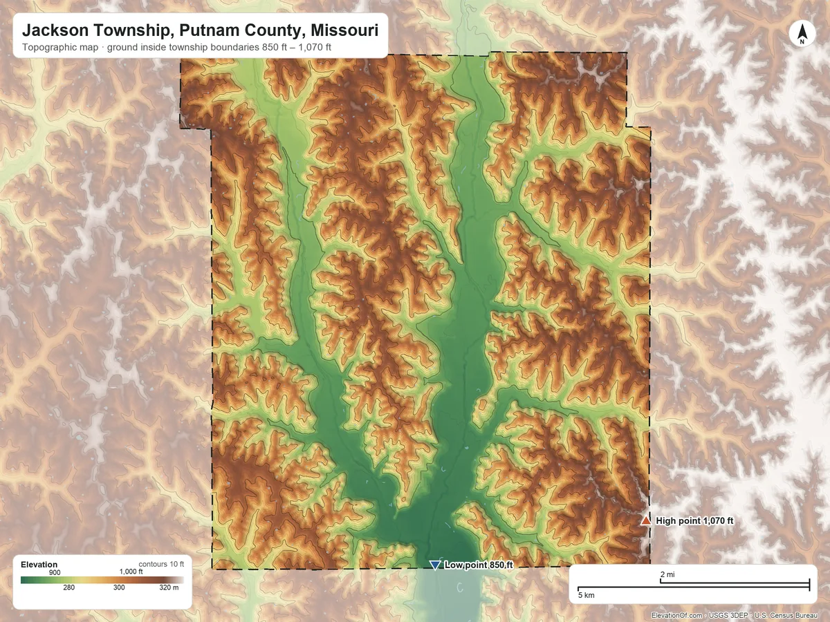 Topographic elevation map of Jackson Township, Putnam County, Missouri, shaded from 850 ft on the south side to 1,070 ft on the southeast side