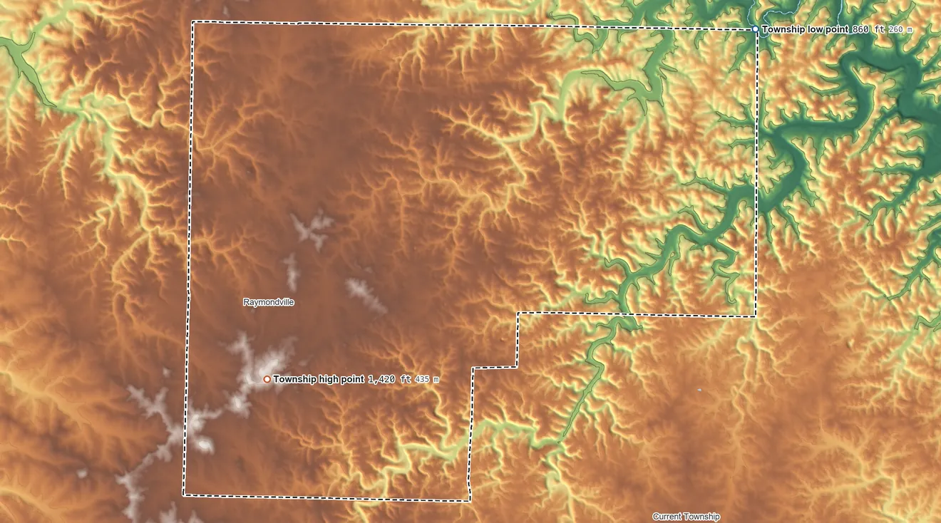 Topographic elevation map of Jackson Township, Missouri, shaded from 860 ft on the northeast side to 1,420 ft on the southwest side