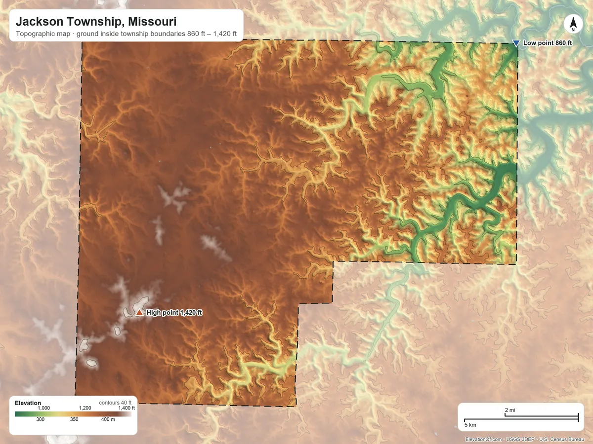Topographic elevation map of Jackson Township, Missouri, shaded from 860 ft on the northeast side to 1,420 ft on the southwest side