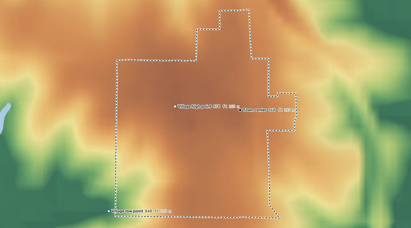 Topographic elevation map of Jacksonville, Missouri, shaded from 840 ft on the southwest side to 870 ft on the west side