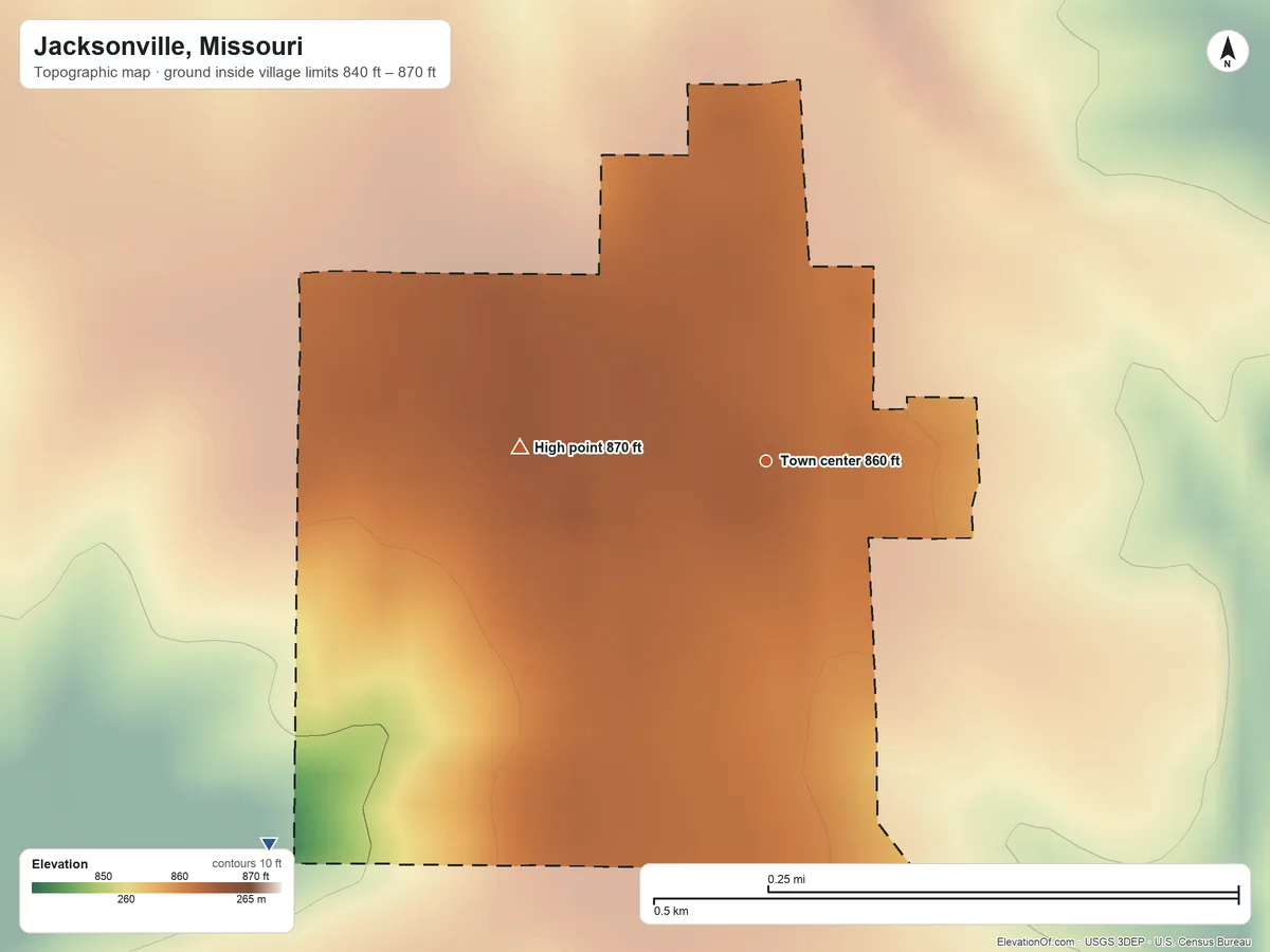 Topographic elevation map of Jacksonville, Missouri, shaded from 840 ft on the southwest side to 870 ft on the west side