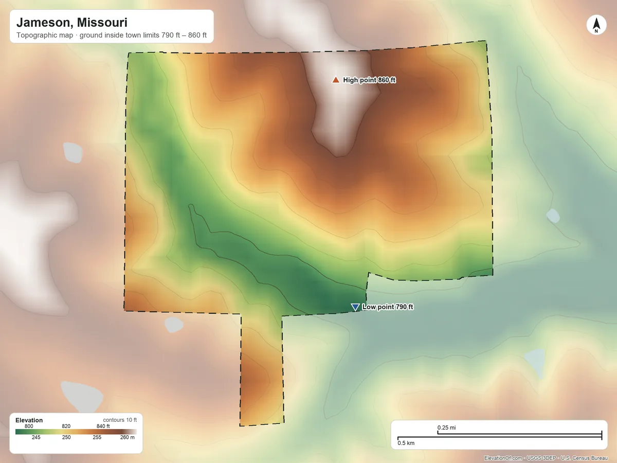 Topographic elevation map of Jameson, Missouri, shaded from 790 ft on the south side to 860 ft on the north side