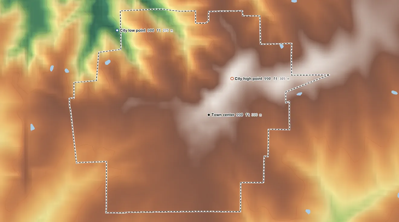 Topographic elevation map of Jamesport, Missouri, shaded from 900 ft on the northwest side to 990 ft on the northeast side