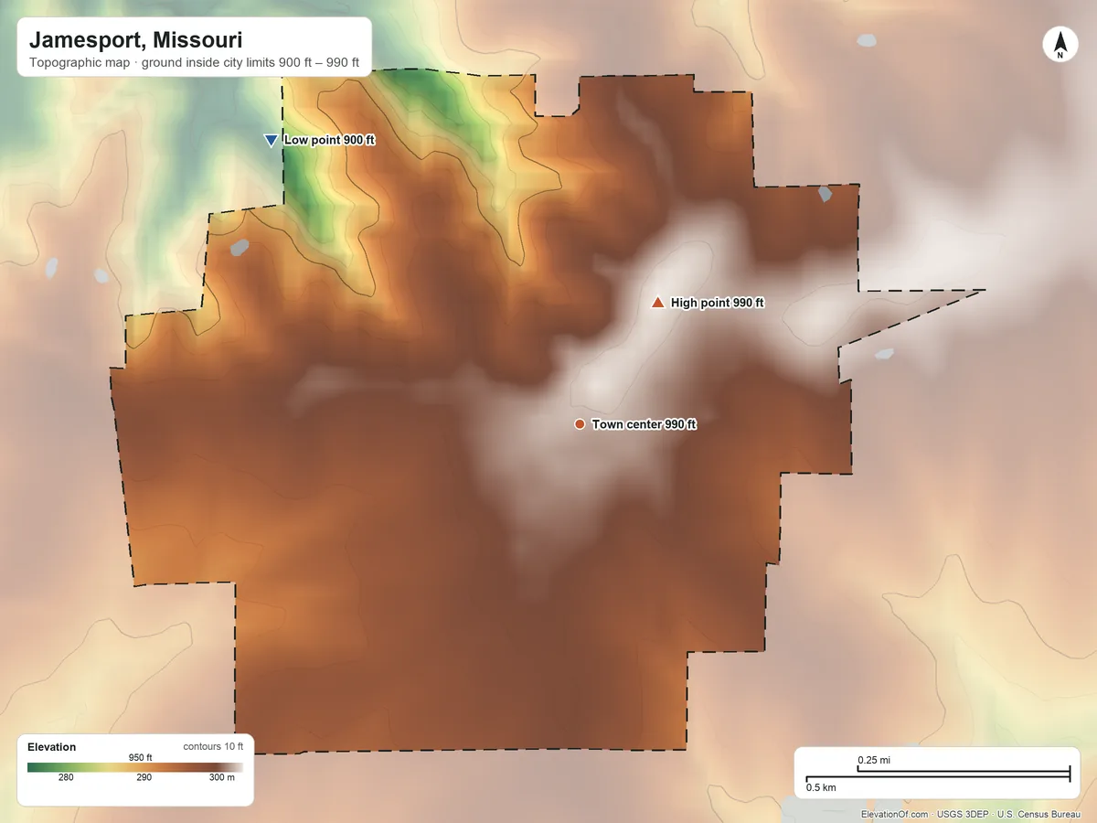 Topographic elevation map of Jamesport, Missouri, shaded from 900 ft on the northwest side to 990 ft on the northeast side