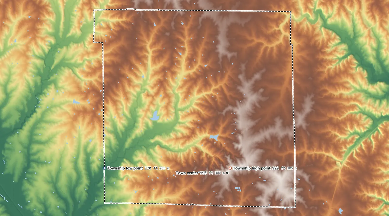 Topographic elevation map of Jamesport Township, Missouri, shaded from 770 ft on the west side to 990 ft near the middle