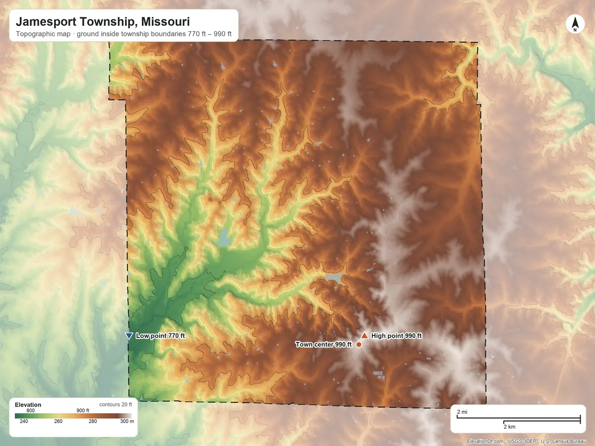 Topographic elevation map of Jamesport Township, Missouri, shaded from 770 ft on the west side to 990 ft near the middle