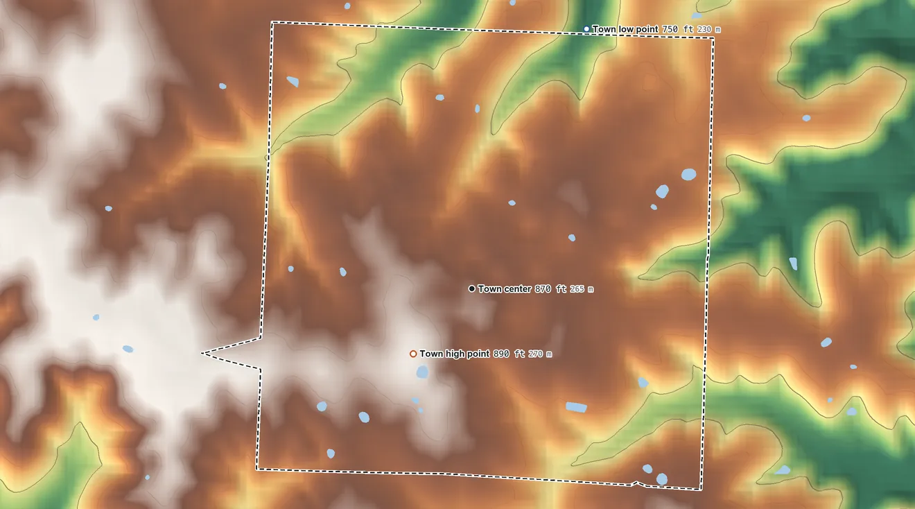 Topographic elevation map of Jamestown, Missouri, shaded from 750 ft on the northeast side to 890 ft on the southwest side
