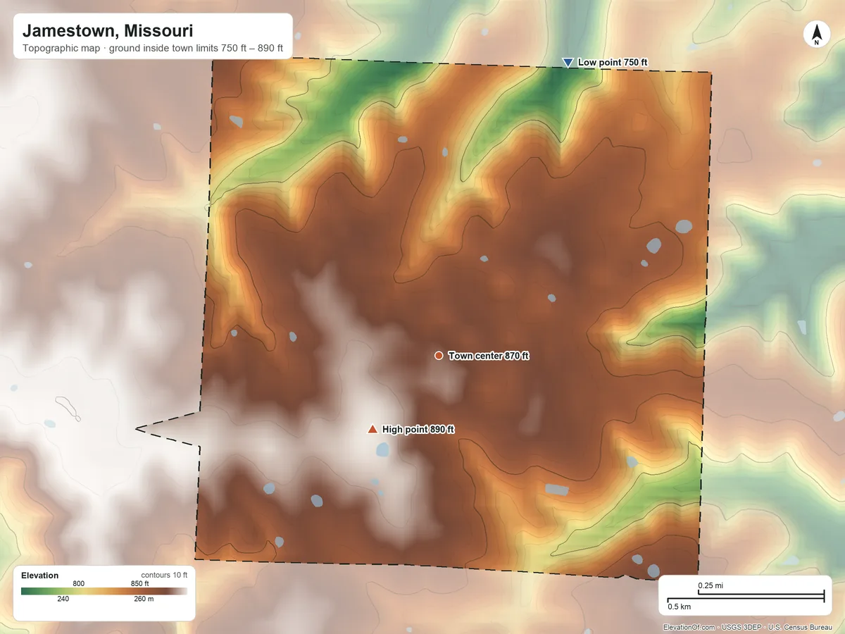 Topographic elevation map of Jamestown, Missouri, shaded from 750 ft on the northeast side to 890 ft on the southwest side