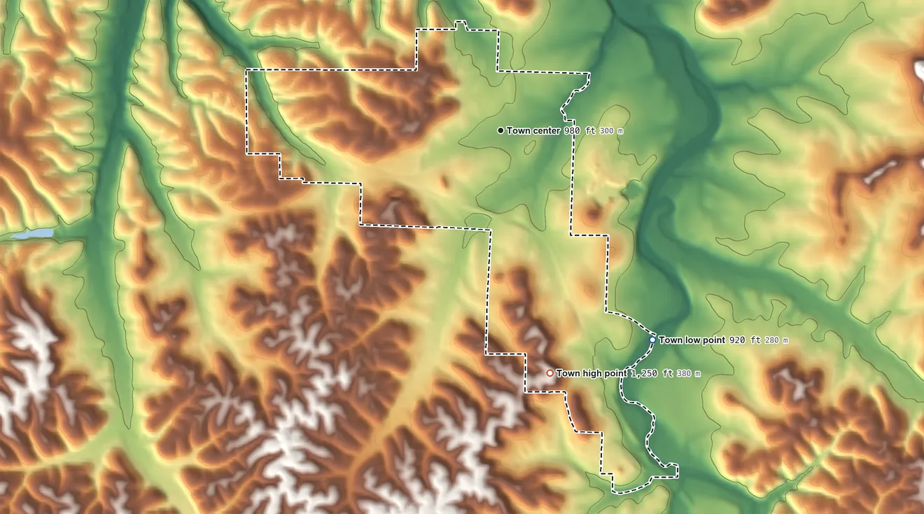 Topographic elevation map of Jane, Missouri, shaded from 920 ft on the southeast side to 1,250 ft on the south side