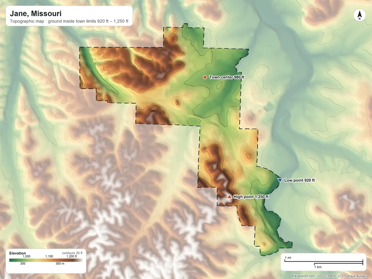 Topographic elevation map of Jane, Missouri, shaded from 920 ft on the southeast side to 1,250 ft on the south side