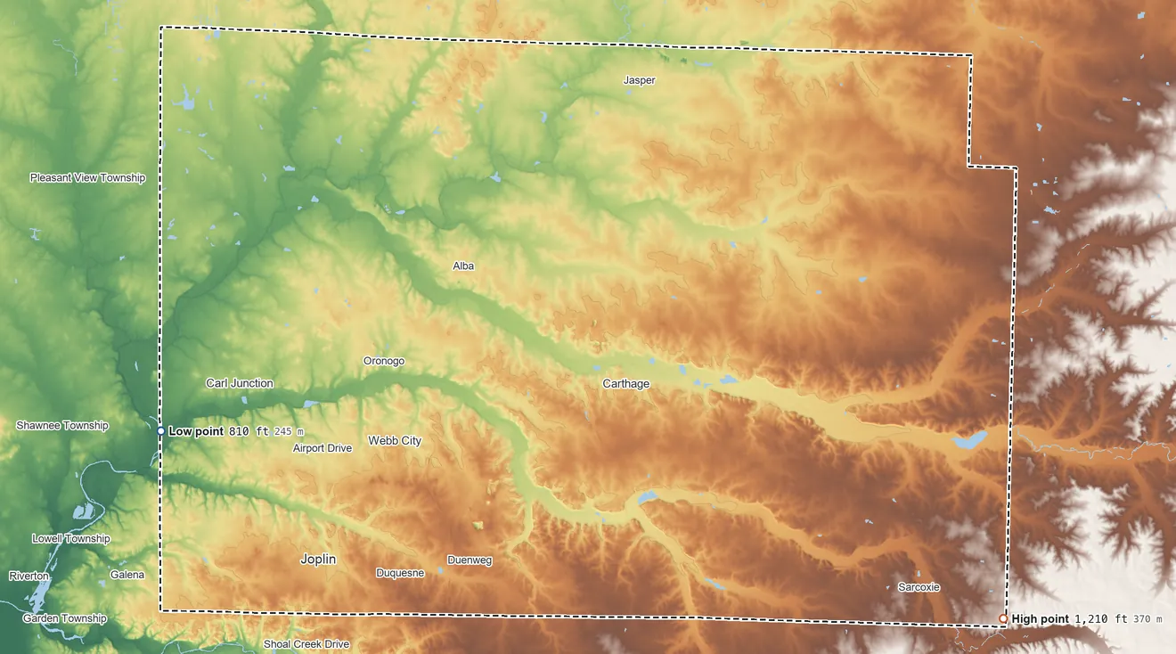 Topographic elevation map of Jasper County, Missouri, shaded from 810 ft on the west side to 1,210 ft on the southeast side