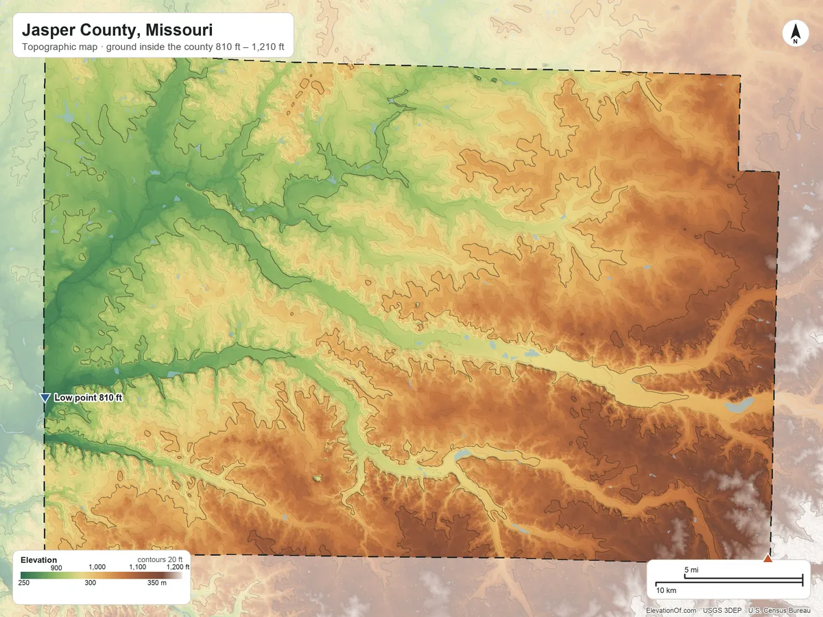 Topographic elevation map of Jasper County, Missouri, shaded from 810 ft on the west side to 1,210 ft on the southeast side