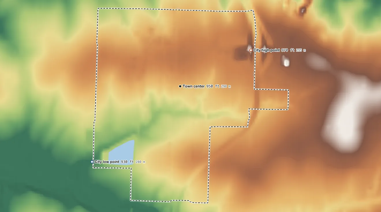 Topographic elevation map of Jasper, Missouri, shaded from 930 ft on the southwest side to 970 ft on the northeast side