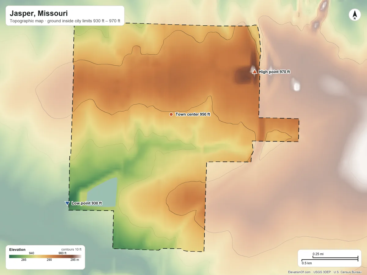 Topographic elevation map of Jasper, Missouri, shaded from 930 ft on the southwest side to 970 ft on the northeast side