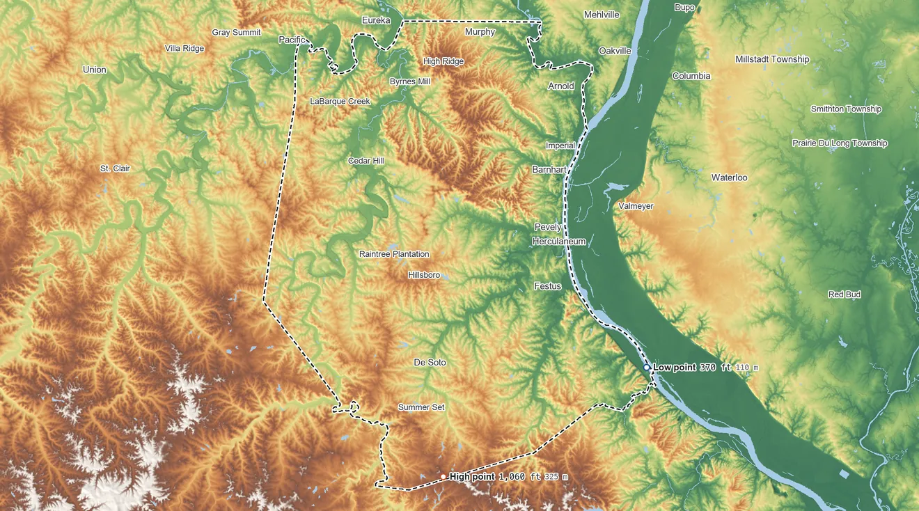 Topographic elevation map of Jefferson County, Missouri, shaded from 370 ft on the southeast side to 1,060 ft on Vinegar Hill