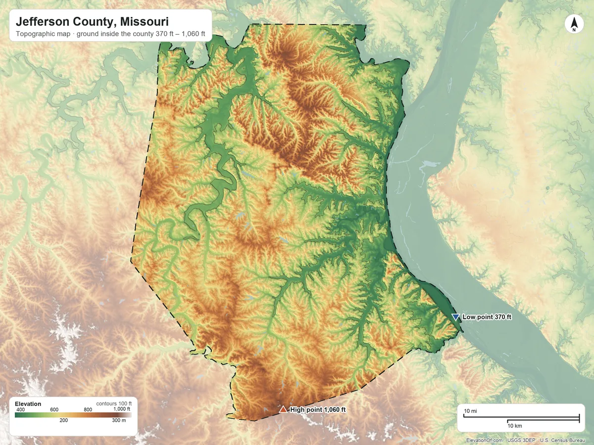 Topographic elevation map of Jefferson County, Missouri, shaded from 370 ft on the southeast side to 1,060 ft on Vinegar Hill