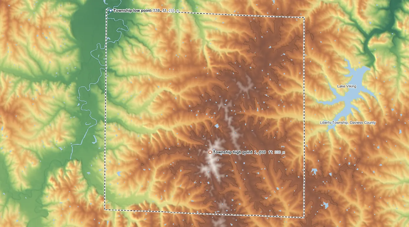 Topographic elevation map of Jefferson Township, Daviess County, Missouri, shaded from 770 ft on the northwest side to 1,080 ft on the southeast side