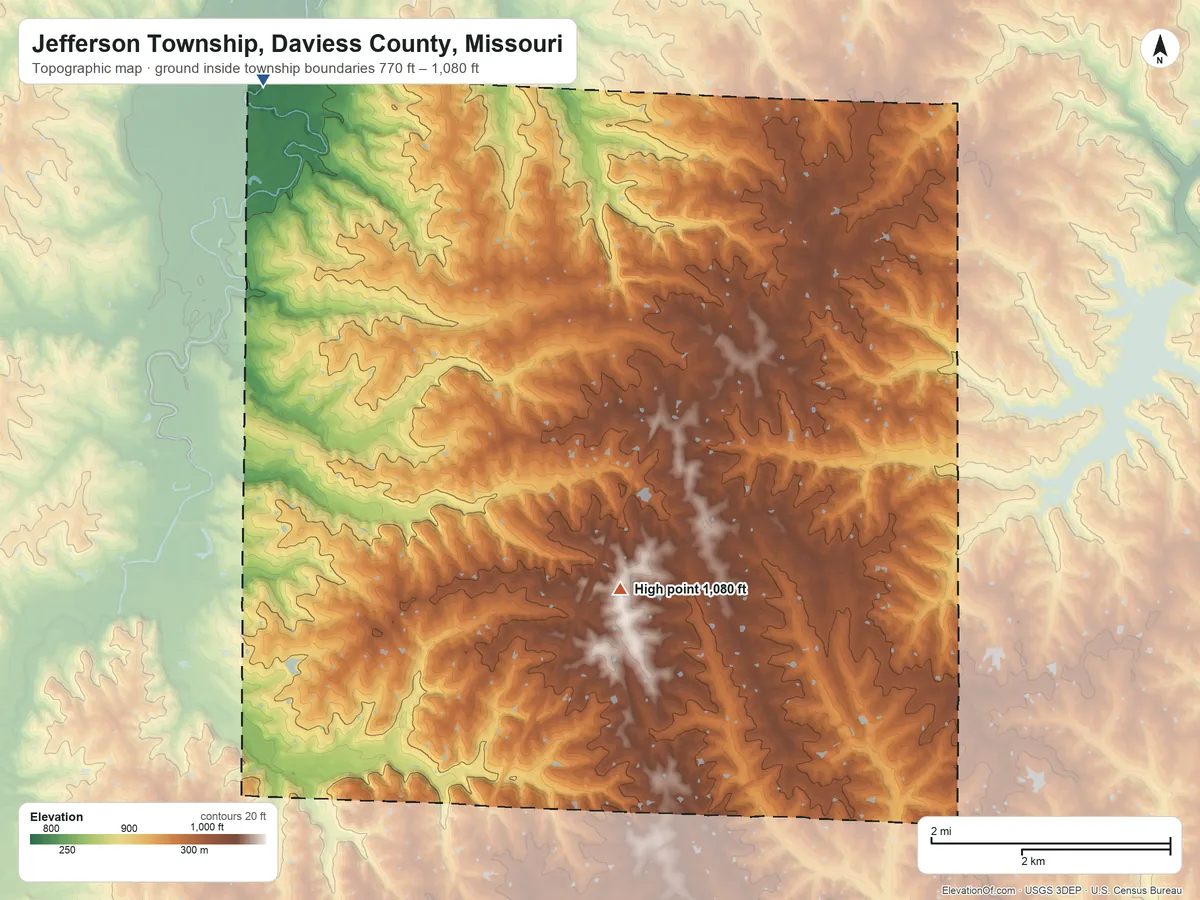 Topographic elevation map of Jefferson Township, Daviess County, Missouri, shaded from 770 ft on the northwest side to 1,080 ft on the southeast side