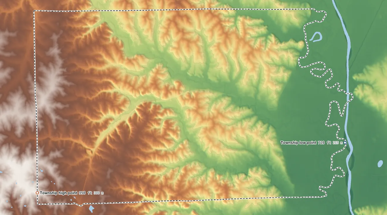 Topographic elevation map of Jefferson Township, Grundy County, Missouri, shaded from 710 ft on the east side to 990 ft on the southwest side