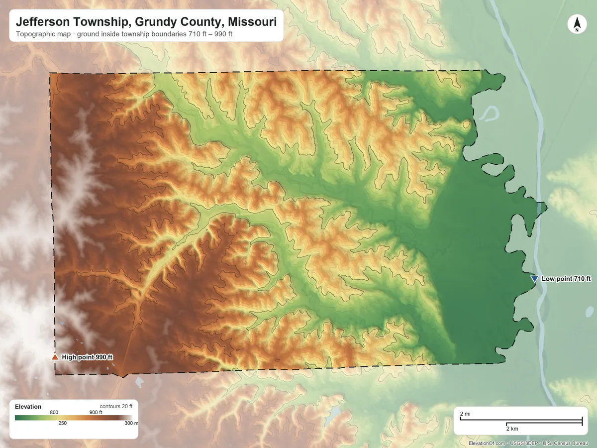 Topographic elevation map of Jefferson Township, Grundy County, Missouri, shaded from 710 ft on the east side to 990 ft on the southwest side