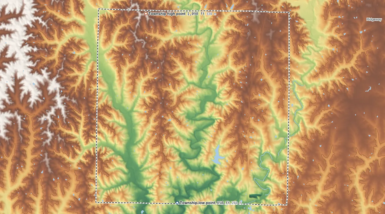 Topographic elevation map of Jefferson Township, Harrison County, Missouri, shaded from 850 ft on the south side to 1,090 ft on the north side