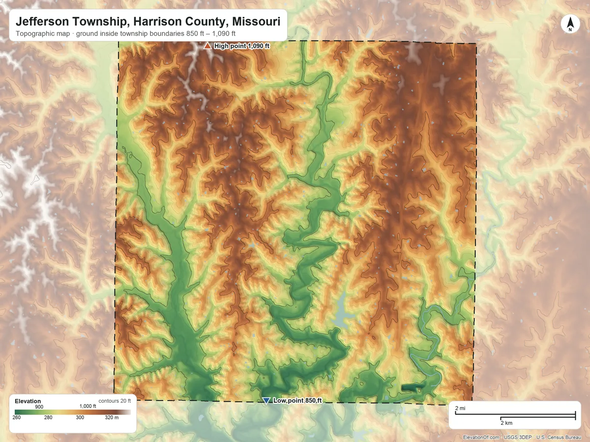 Topographic elevation map of Jefferson Township, Harrison County, Missouri, shaded from 850 ft on the south side to 1,090 ft on the north side