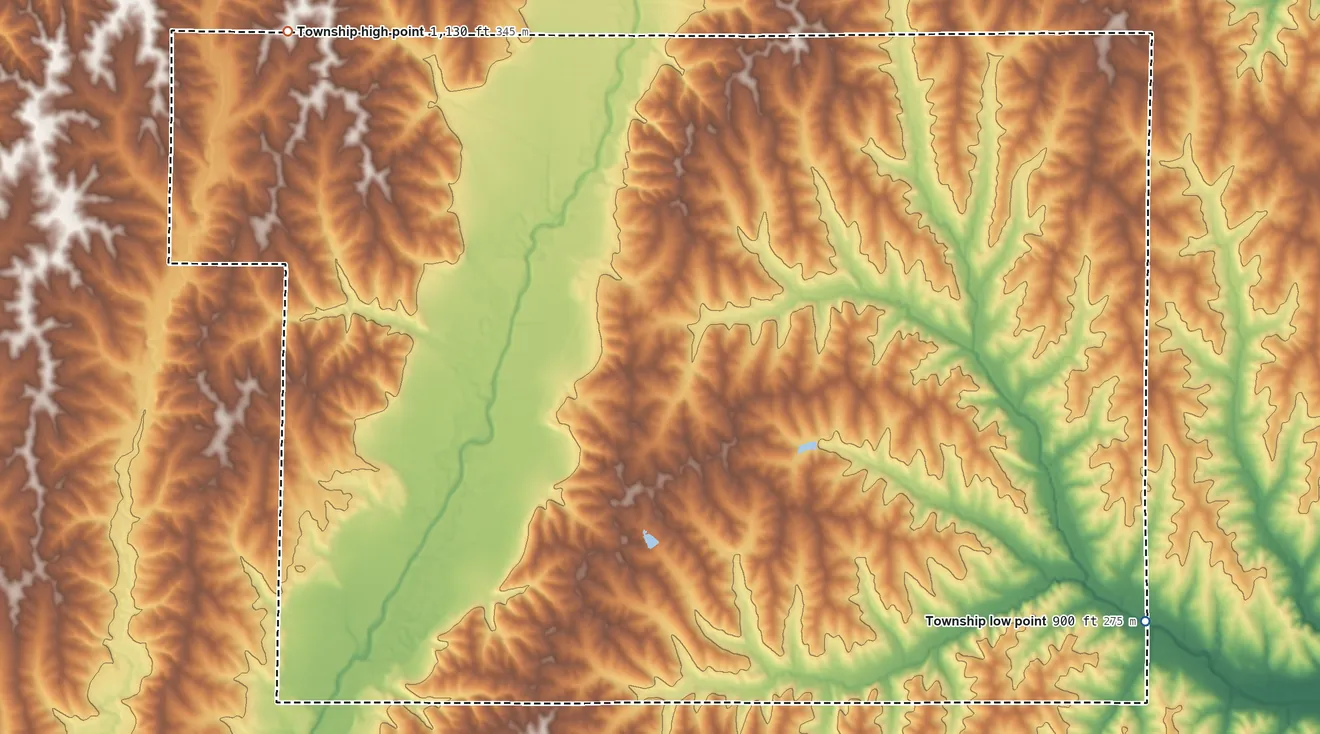 Topographic elevation map of Jefferson Township, Nodaway County, Missouri, shaded from 900 ft on the southeast side to 1,130 ft on the northwest side