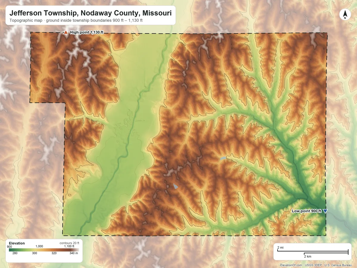 Topographic elevation map of Jefferson Township, Nodaway County, Missouri, shaded from 900 ft on the southeast side to 1,130 ft on the northwest side