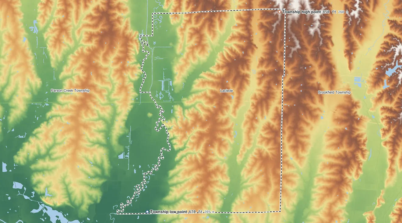 Topographic elevation map of Jefferson Township, Missouri, shaded from 670 ft on the southwest side to 850 ft on the northeast side