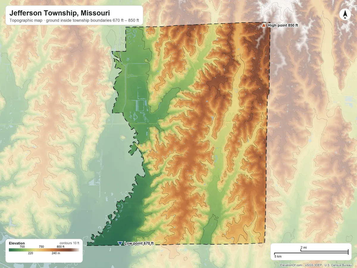 Topographic elevation map of Jefferson Township, Missouri, shaded from 670 ft on the southwest side to 850 ft on the northeast side