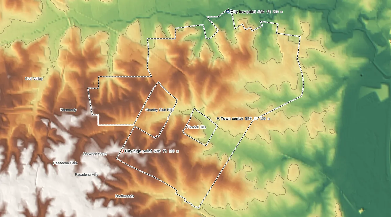 Topographic elevation map of Jennings, Missouri, shaded from 430 ft on the north side to 630 ft on the west side