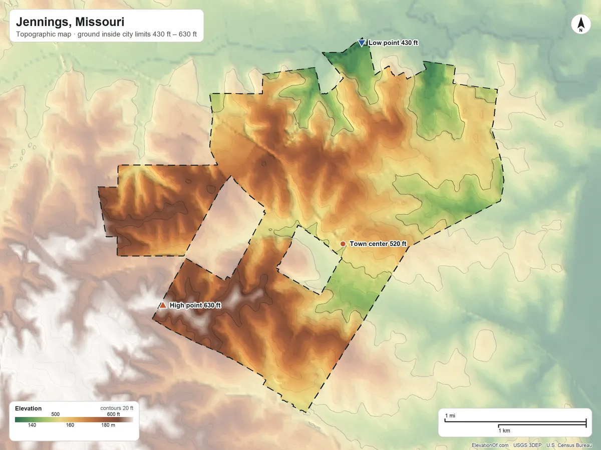 Topographic elevation map of Jennings, Missouri, shaded from 430 ft on the north side to 630 ft on the west side
